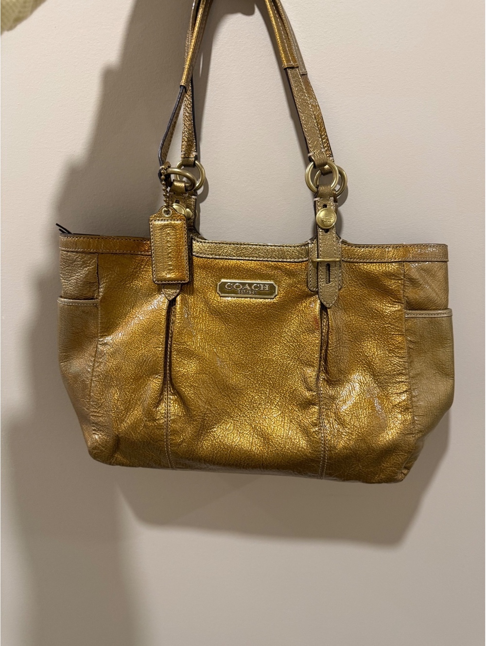 Coach Metallic Gold Leather Tote Shoulder Bag F10449 Blue Lining Y2K
